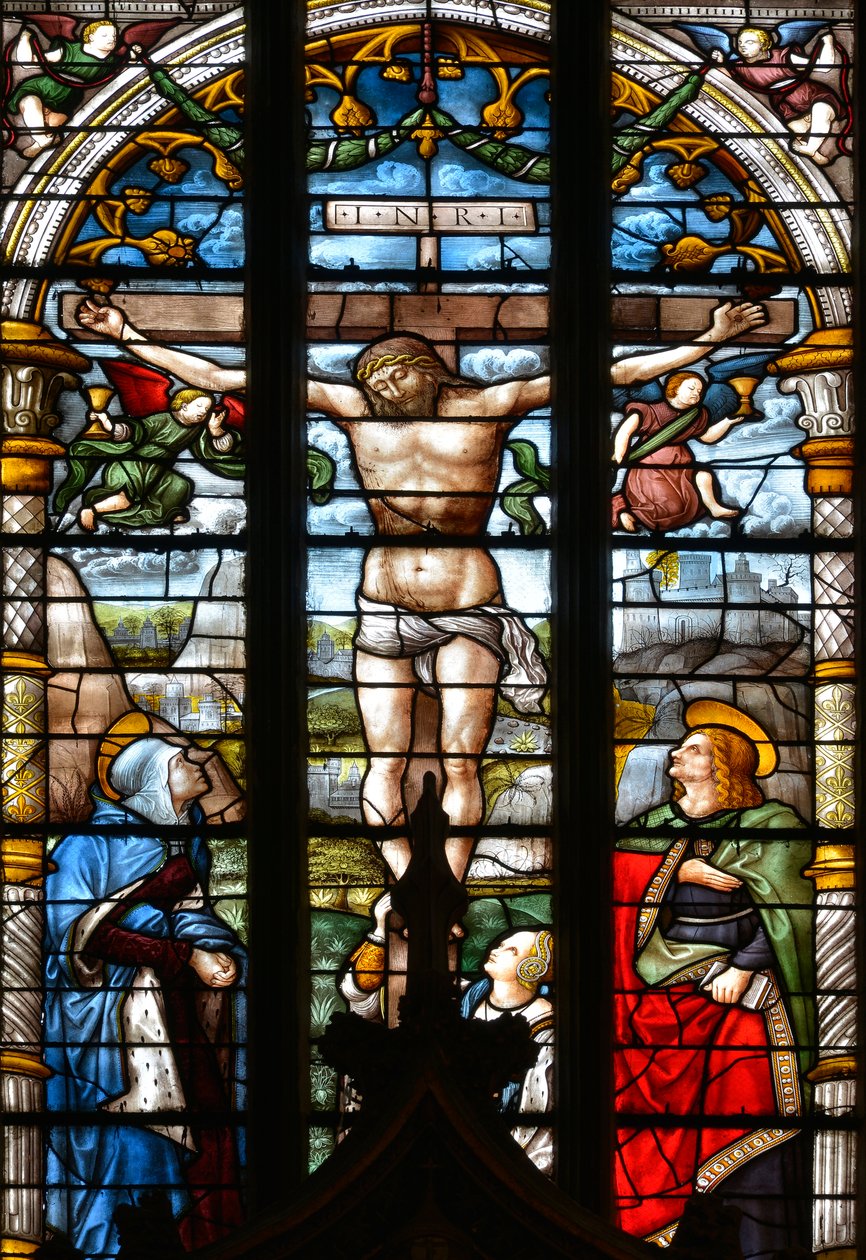 Korsfästelsen, med Jungfru Maria, Sankt Johannes och Maria Magdalena vid foten av korset - Målat glas i kapellet i det heliga sakramentet, av Arnaud de Moles (1470-1520) färdigställd 1513 - Cathedrale Sainte Marie d