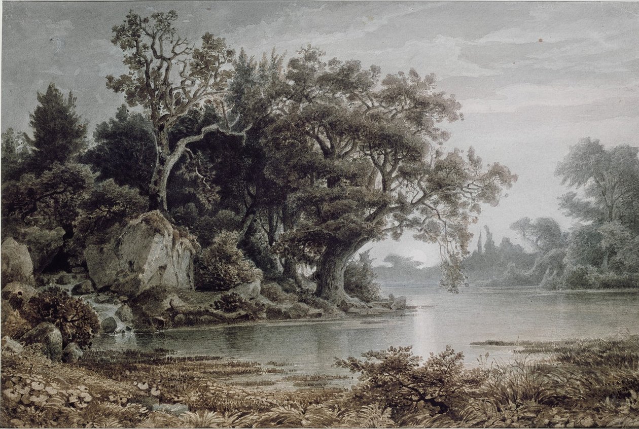Waldlandschaft am Wasser bei aufgehendem Mond av Arnold Böcklin