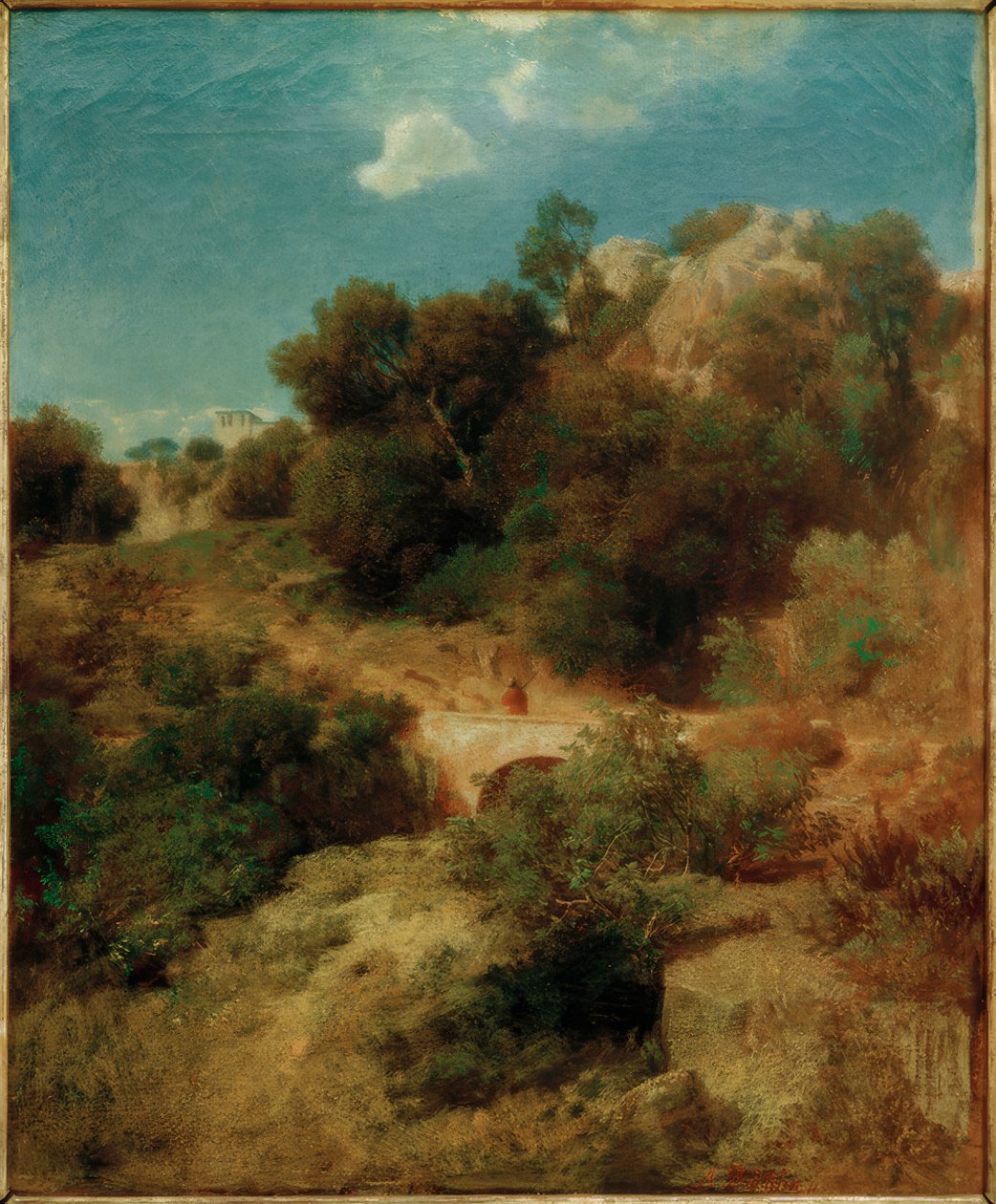 Klippiga bergslandskap med bro av Arnold Böcklin