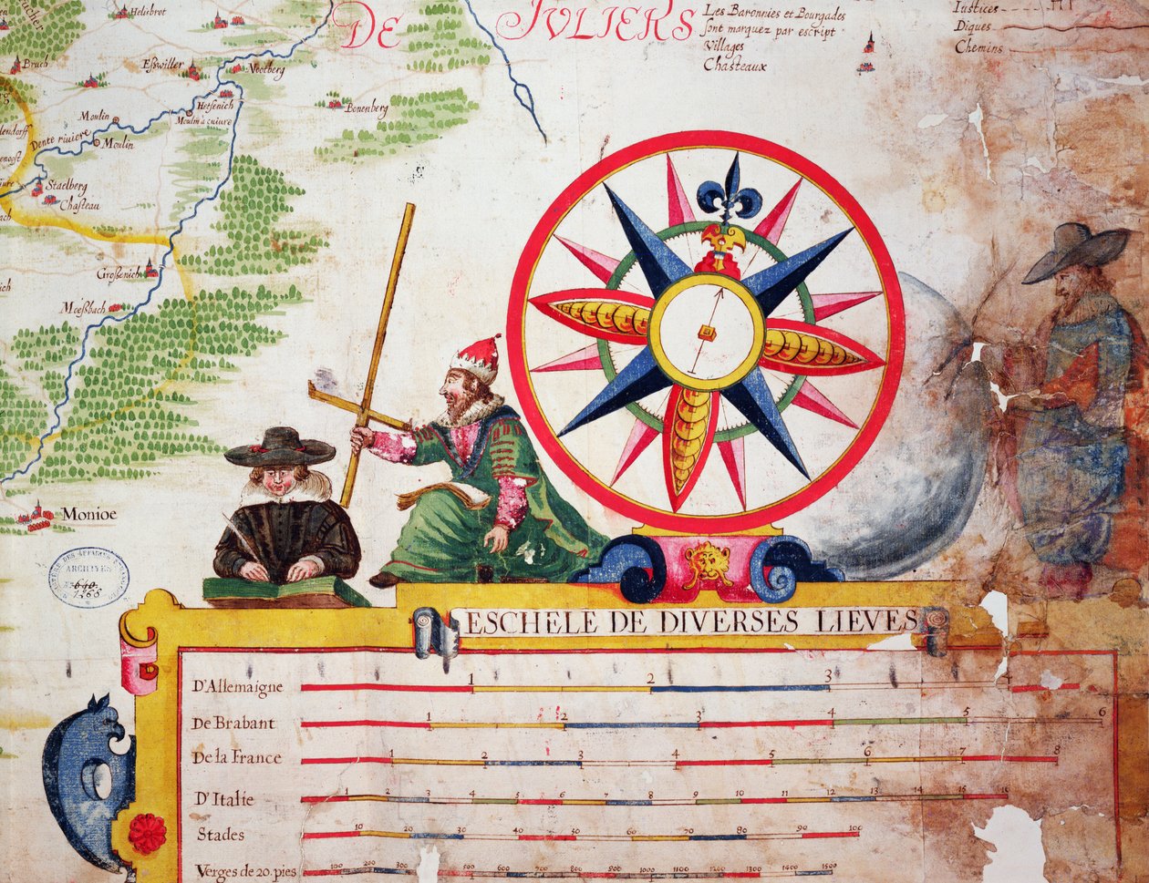 Illustration av de olika måtten på ligan i Tyskland, Brabant, Frankrike och Italien, från "Theatre des guerres entre le roy d