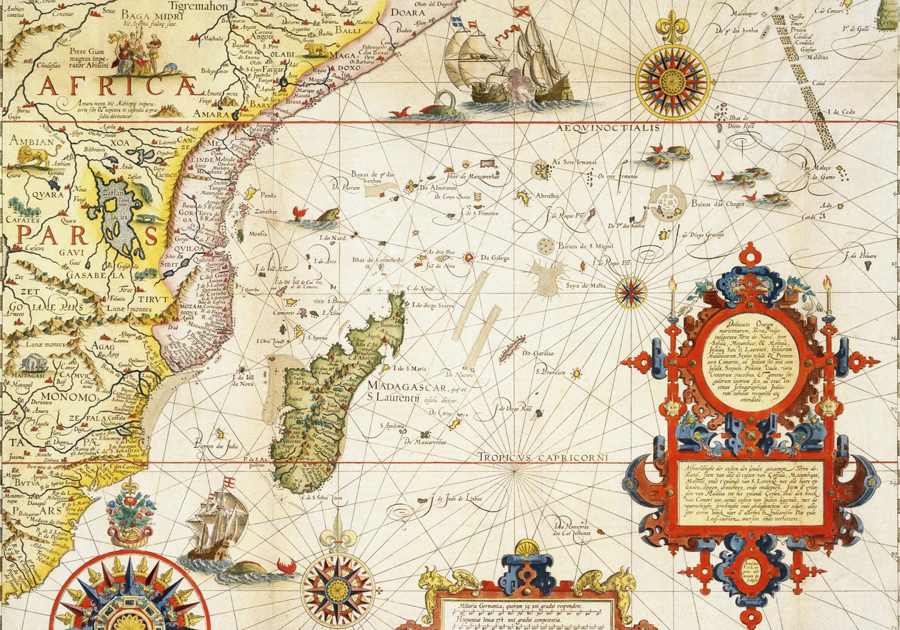 Karta över Östafrika och Madagaskar, 1596 (handfärgad gravyr) av Arnold Florent van Langren