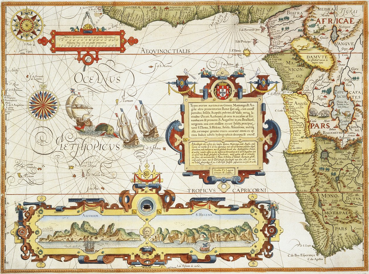 Karta över den västafrikanska kusten, 1596 (handkolorerad gravyr) av Arnold Florent van Langren