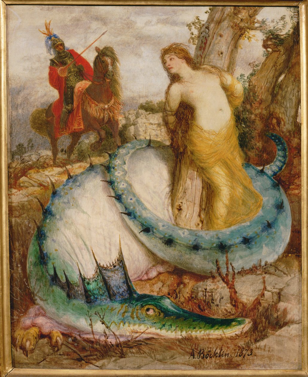 Angelica und der Drache - Angelica och draken ... (tempera på trä) av Arnold Böcklin