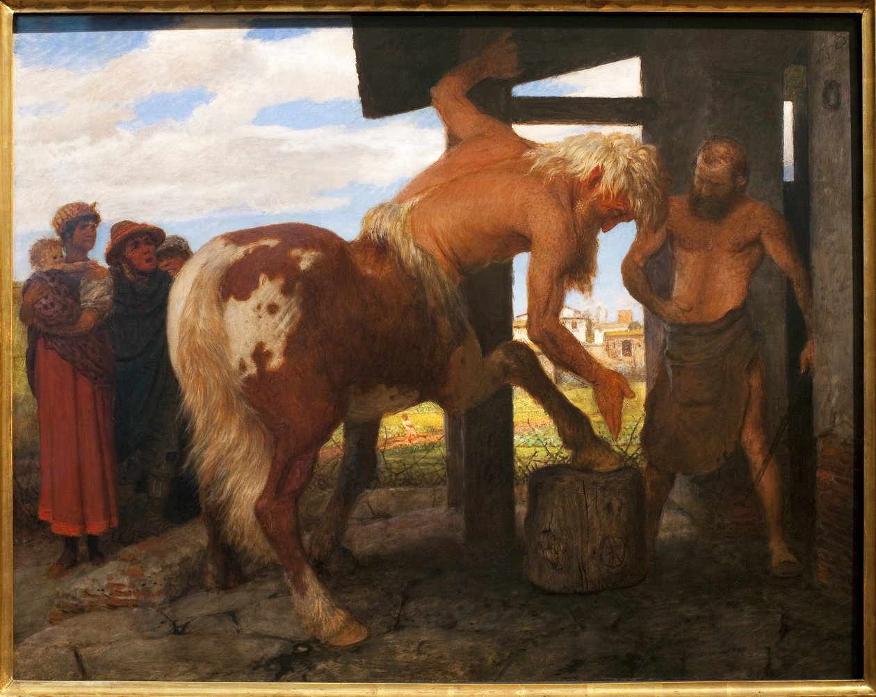 Kentaur vid byns smed. Målning av Arnold Bocklin (1829-1901), Olja på duk av Arnold Böcklin