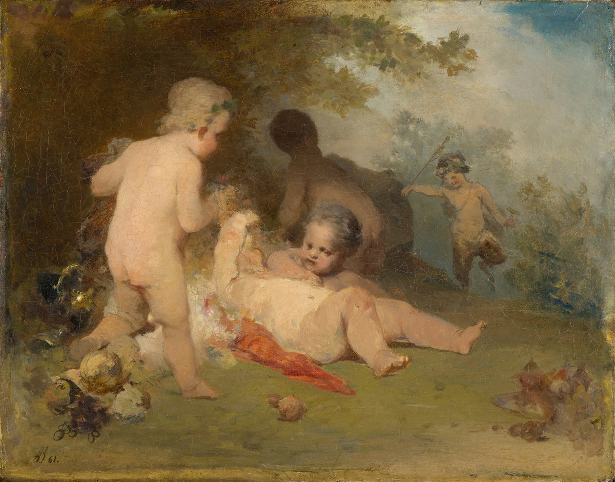 Putti och en ung satyr i en skogsglän av Arnold Böcklin