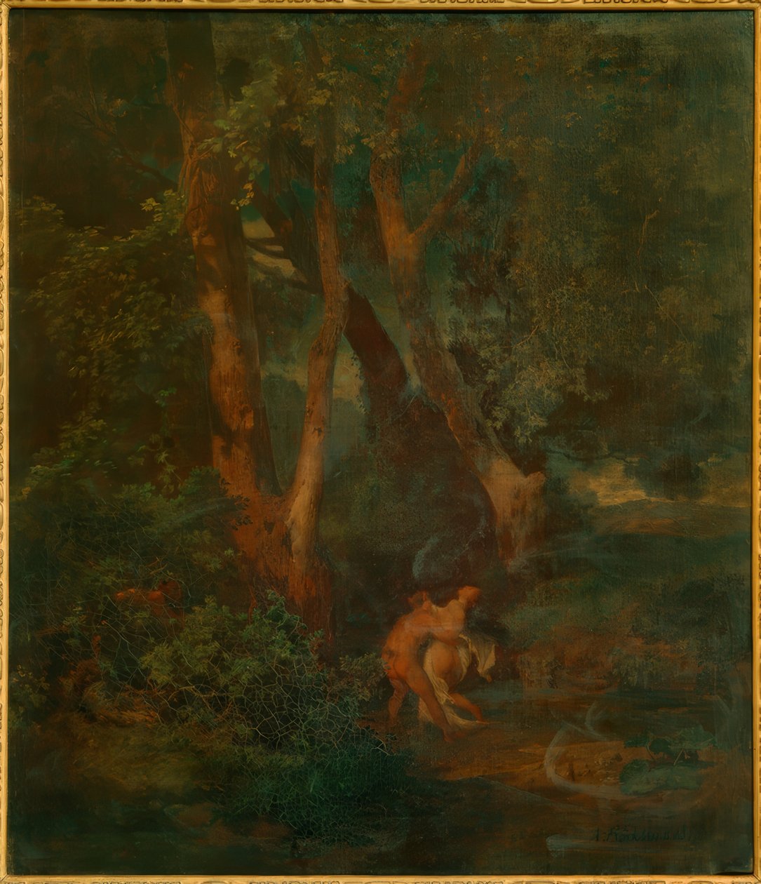 Skogskant med faun och nymf (eller faun, en som kämpar av Arnold Böcklin