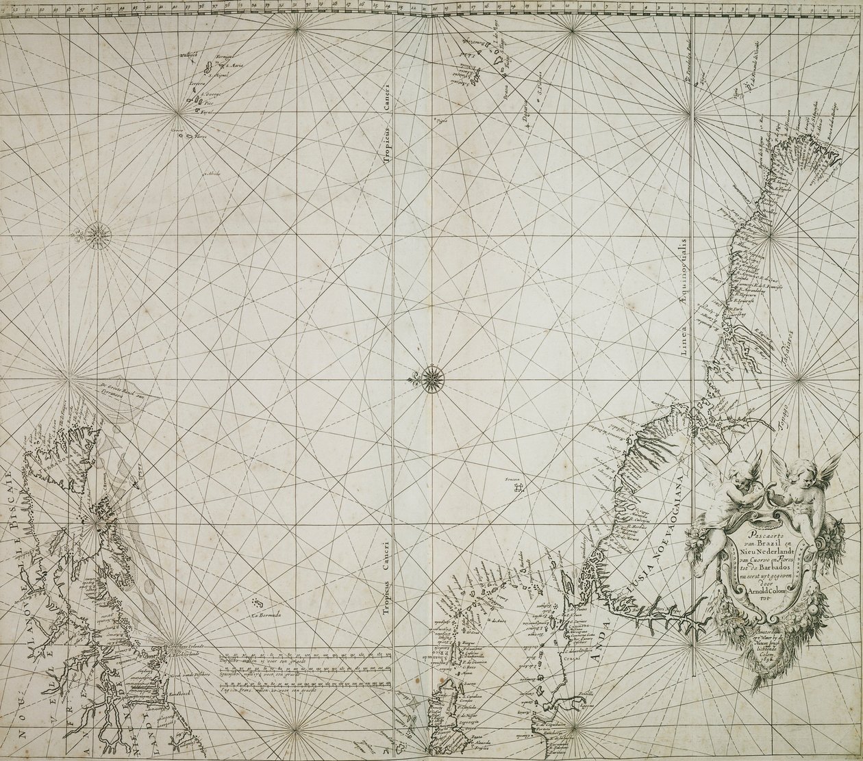 Ett sjökort över Brasilien inbundet i Jacob Coloms "Atlas of werelts-water-deel en des selfs zee-custen av Arnold Colom