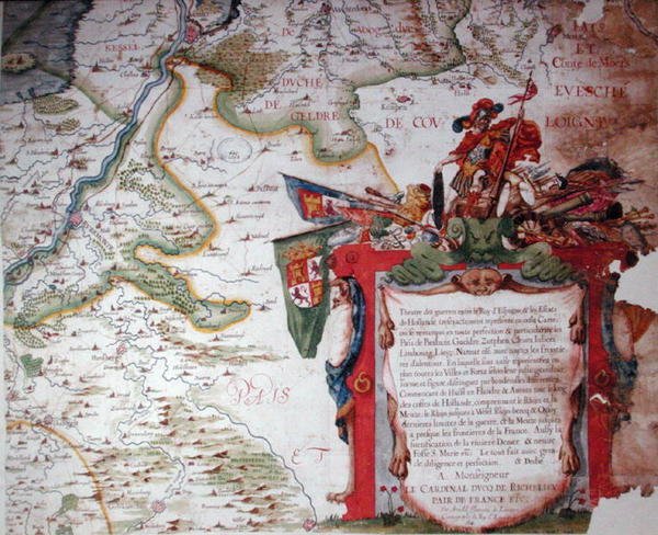 Kartusch med en dedikation till kardinal Richelieu (1585-1642), och en karta över de låga länderna vid tiden för det trettioåriga kriget (1618-48), från 