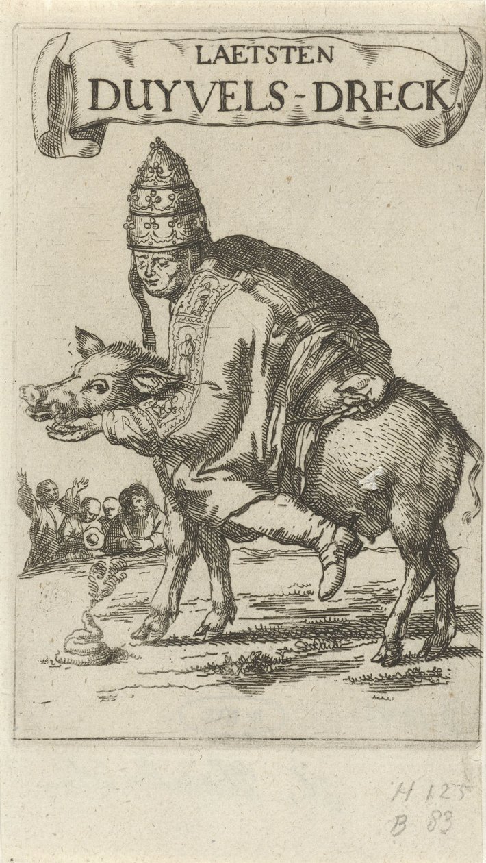 Paus på en gris Titelblad för: J. Lydius, Laetsten duyvels-dreck, 1687 av Arnold Houbraken
