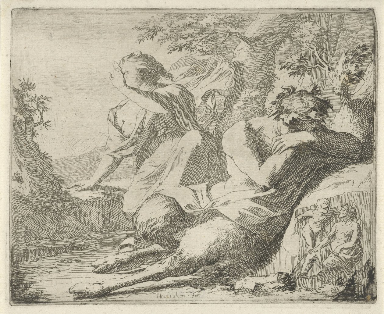 Satyr och kvinnlig figur täcker ögonen från solljus Scen med syndastatyer öppnade i tjänst för målare, statyhållare etc. (serietitel) av Arnold Houbraken