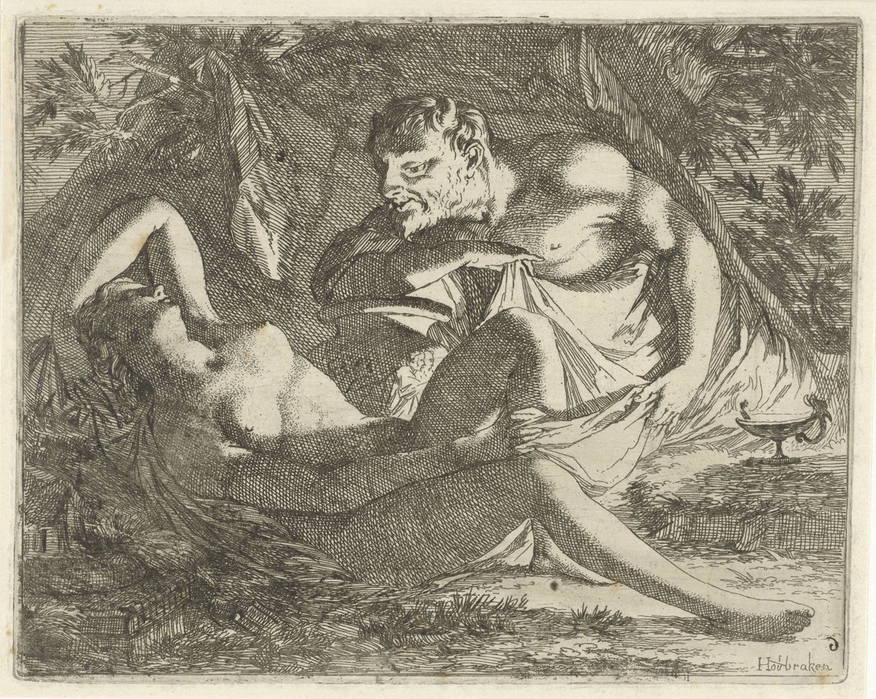 Sovande nymf bevakad av en satyr Syndabilders teater öppnad för målare, bildhållare etc. (serietitel) av Arnold Houbraken
