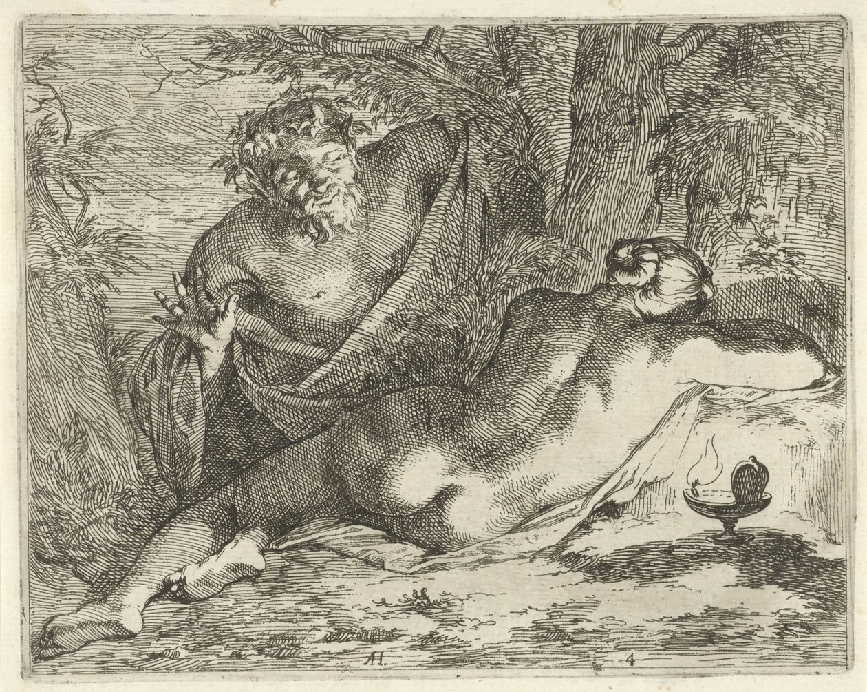 Sömnymf spionerad av en satyr Syndabilders teater öppnad för målare, bildhållare etc. (serietitel) av Arnold Houbraken
