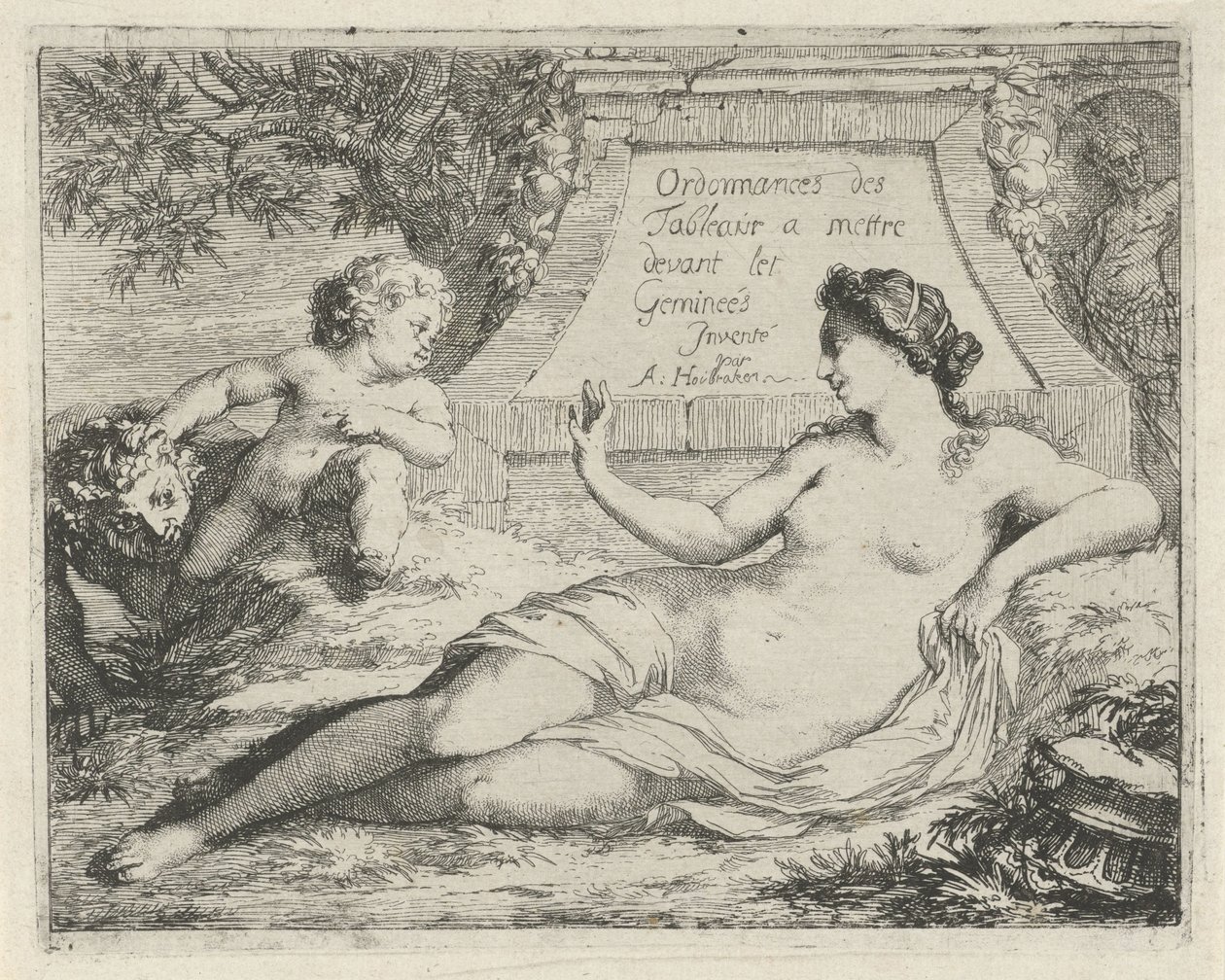 Venus spioneras av en satyr Ordonnances des tableaux a mettre devant les Gemineés (titel på objekt) Syndernas scen, öppen för målare, skulptörer etc. (serietitel) av Arnold Houbraken