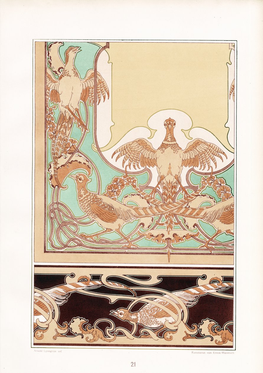 Art Nouveau Ornamentala bårder med fågelmotiv (litografi) av Arnold Lyongrün