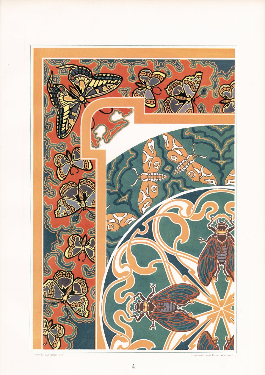 Dekorativ ram prydnad med fjärilar och cikador (litografi) av Arnold Lyongrün