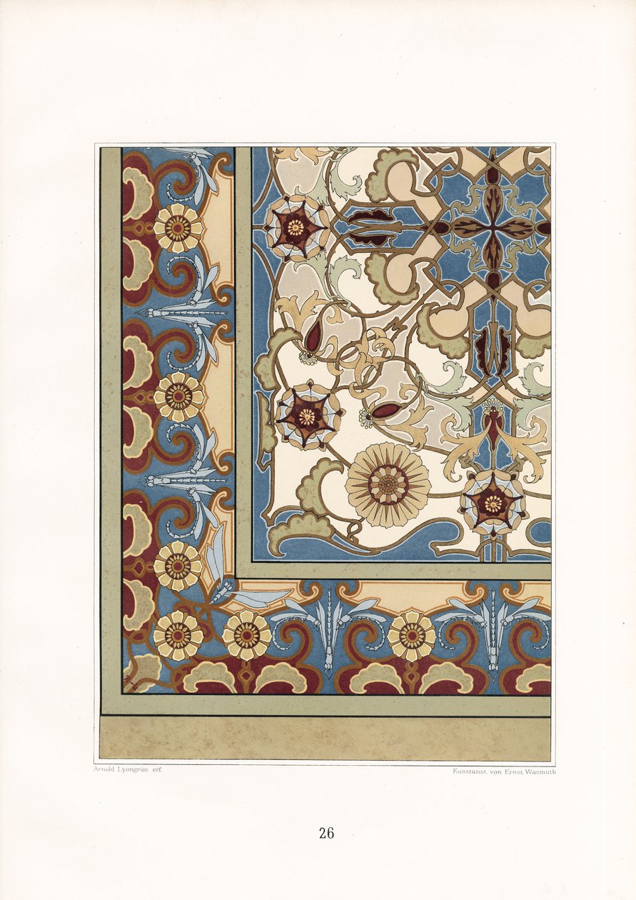 Mångfärgat mattmönster med stiliserade blommor (litografi) av Arnold Lyongrün