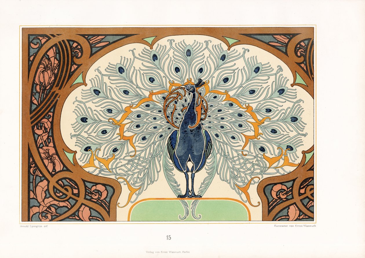 Påfågel i ornamental inramning med jugenddekor (litografi) av Arnold Lyongrün