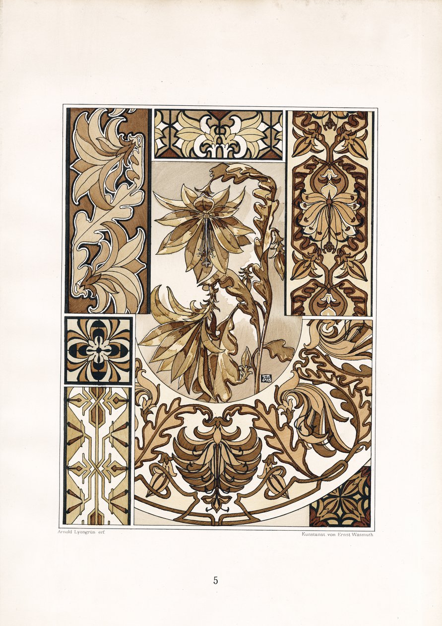 Stiliserade bladornament i sepiatoner (litografi) av Arnold Lyongrün