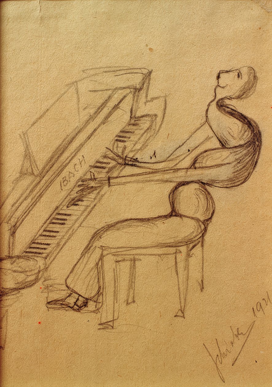 karikatyr (pianospelare) av Arnold Schönberg