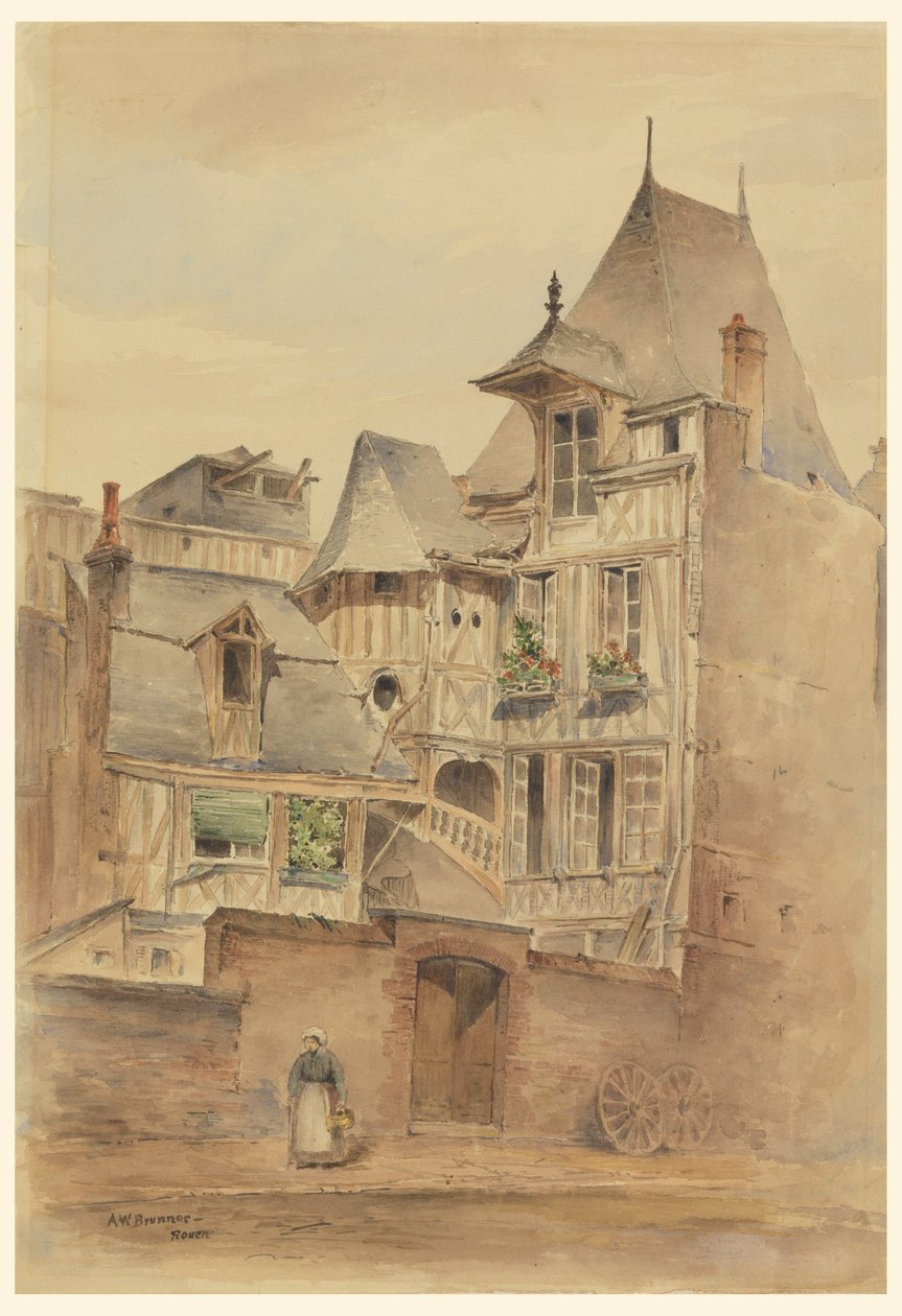 Teckning, Gatuscen med medeltida hus, ca 1885 av Arnold William Brunner