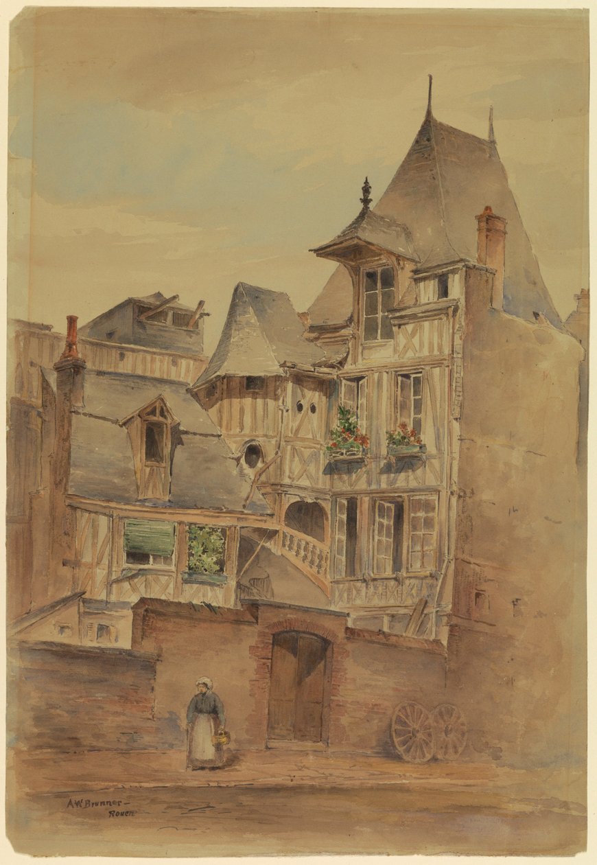 Teckning, Gatuscen med medeltida hus, ca 1885 av Arnold William Brunner