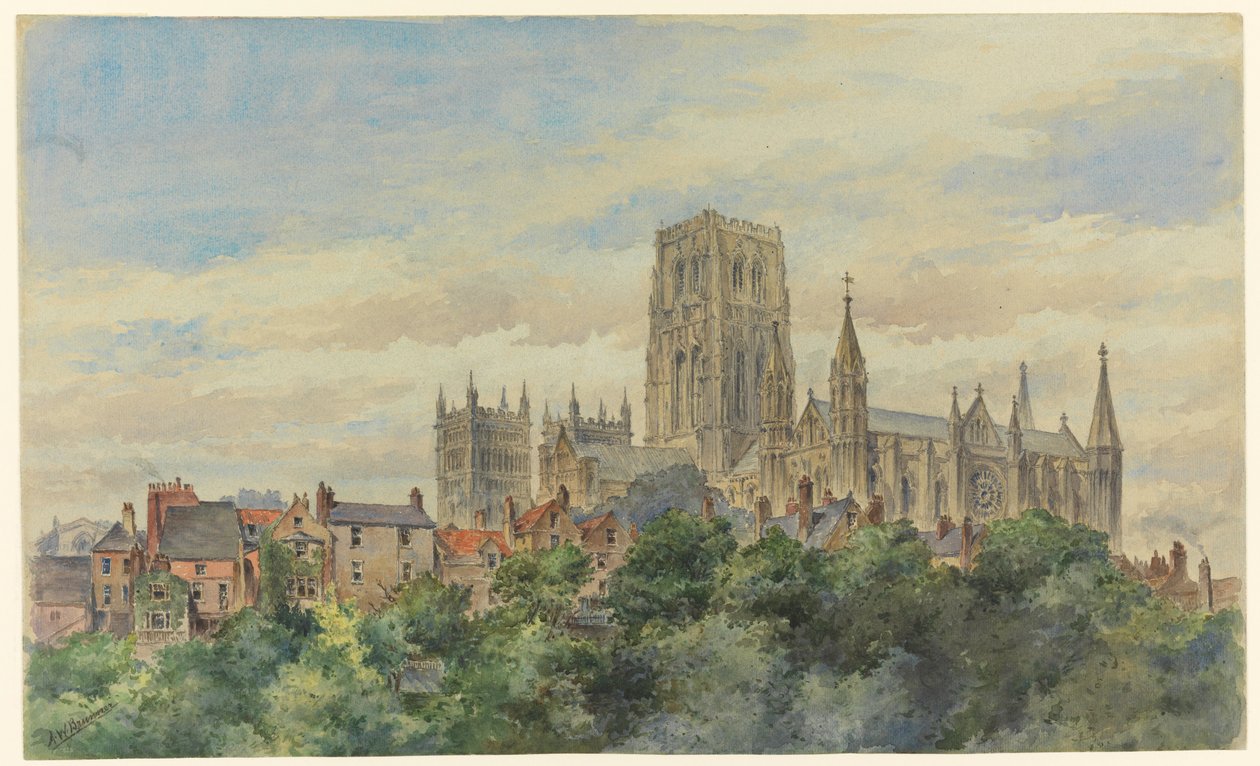 Teckning, utsikt över Durhams katedral, 1883 av Arnold William Brunner