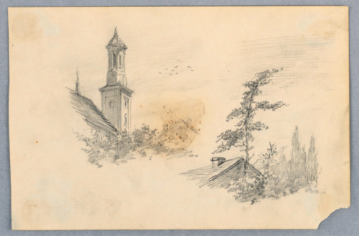 Skiss av kyrktornet och taket av Arnold William Brunner