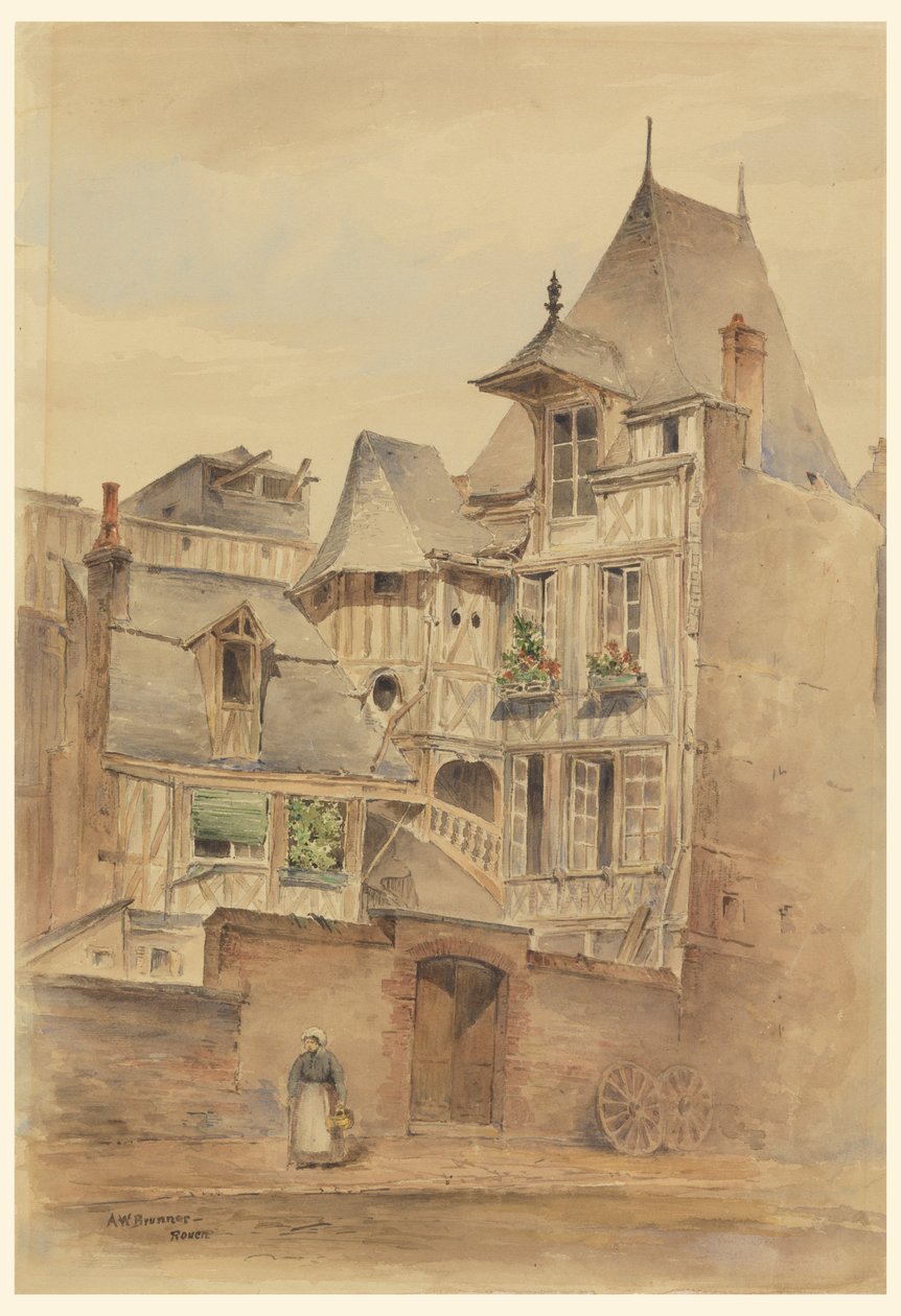 Gatubild med medeltida hus av Arnold William Brunner