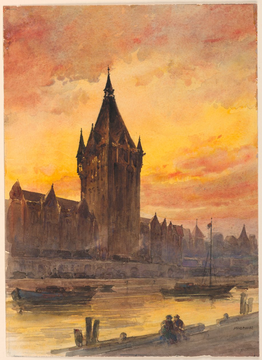 Solnedgång över tornet och floden av Arnold William Brunner