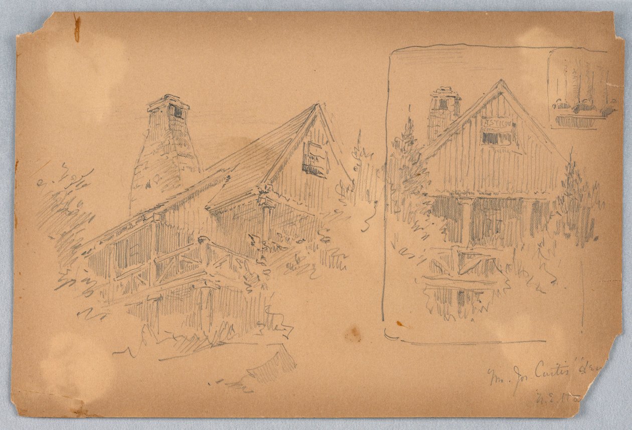 Två skisser av stuga av Arnold William Brunner