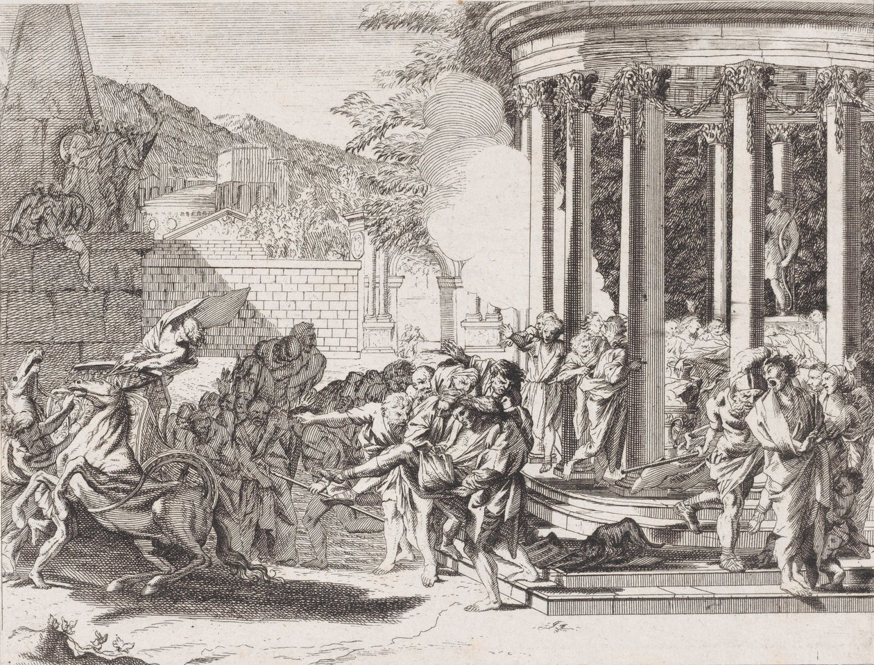Sinorix bärs från templet efter att ha blivit förgiftad, 1650-1700. av Arnold van Westerhout.