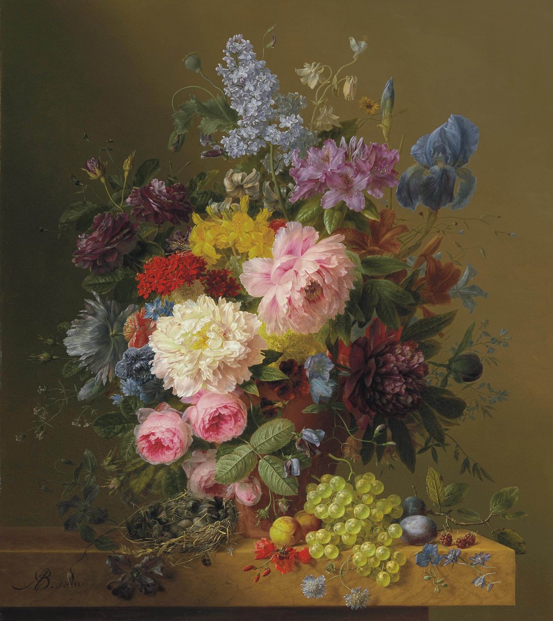 Syrener, pioner, tulpaner, rosor, iris och andra blommor med frukt och ett fågelbo på en marmorkant av Arnoldus Bloemers