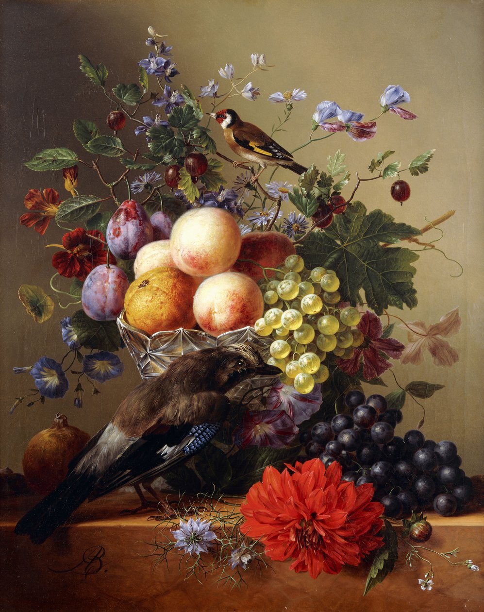 Persikor, vindruvor, plommon och blommor i en glasvas med en nötskrika på en avsats, av Arnoldus Bloemers