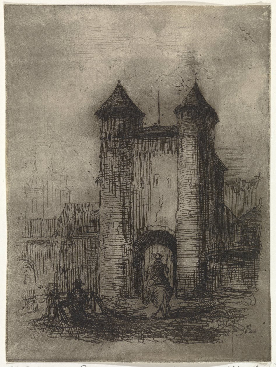 Utsikt över Helpoort i Maastricht, sett från fältsidan Porte du Jaer (titel på objekt) av Arnoud Schaepkens