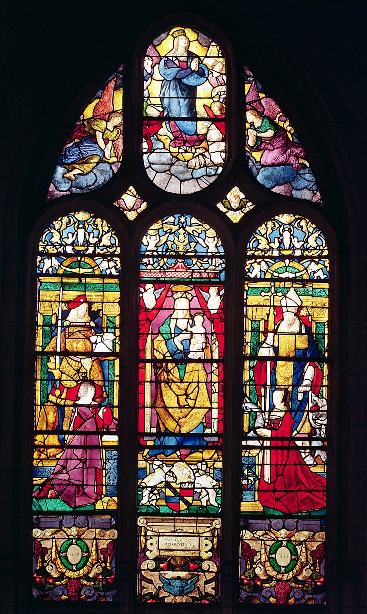 Fönster föreställande Jungfrun och barnet omgiven av Sankt Adrian, Sankt Romain och donatorerna, 1510 (glasmålningar) av Arnoult de Nimegue