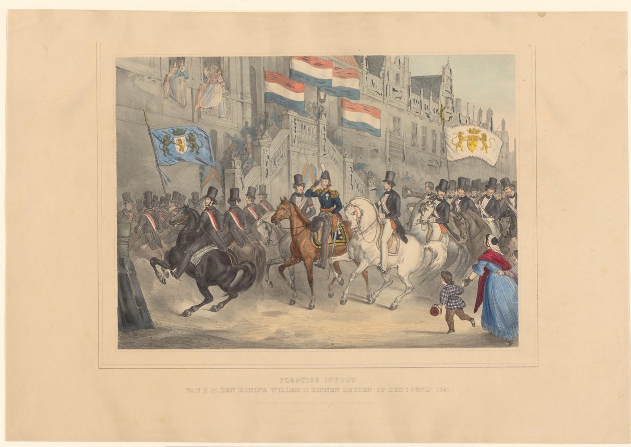 Kung Vilhelm II:s inresa i Leiden, 1841 Högtidlig intogt av H.M. den Koning Willem II i Leyden den 1 juni 1841 (titel på objekt) av Arnz and Co.