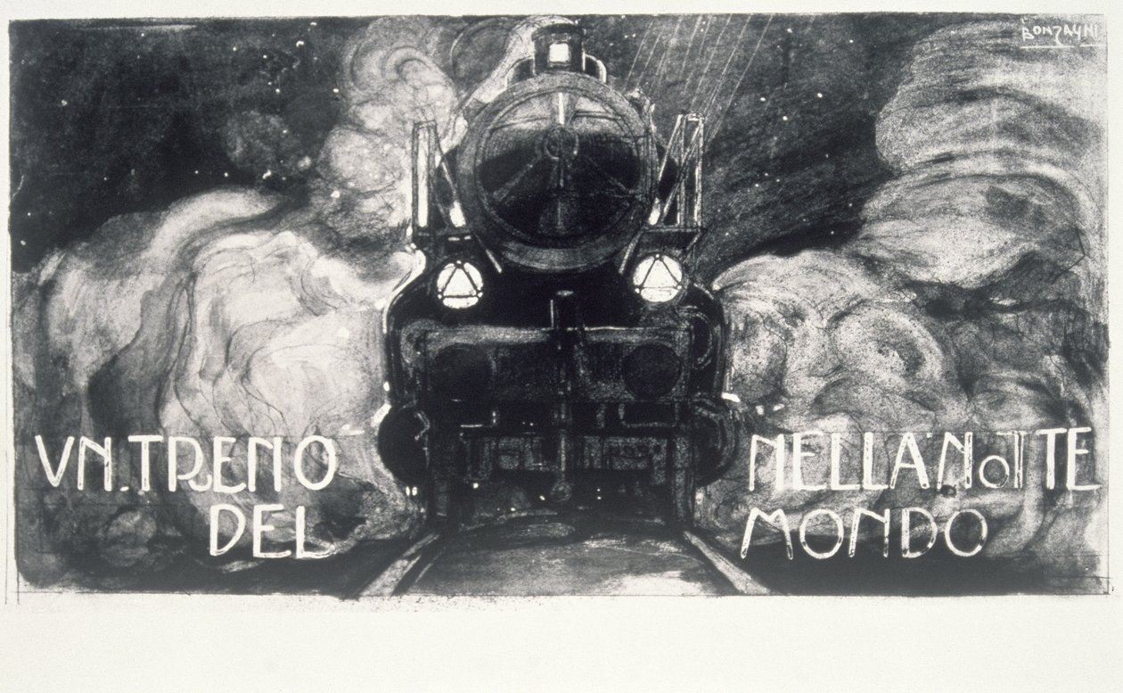 Ett tåg i världens natt (tempera på kortet) av Aroldo Bonzagni
