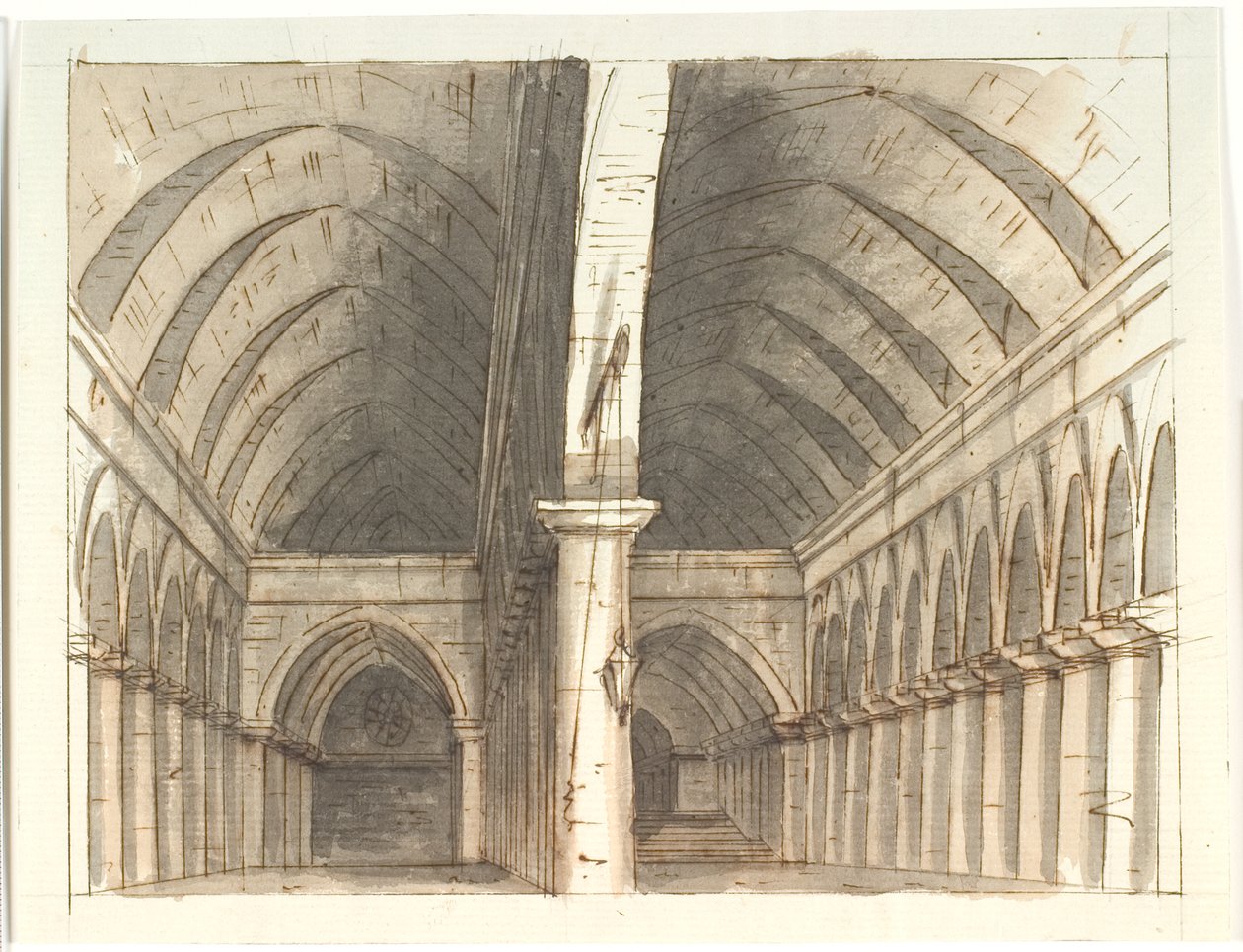 Interiör av nedre våningen i en kyrka (?) med pelare och valv av Aron Wallick