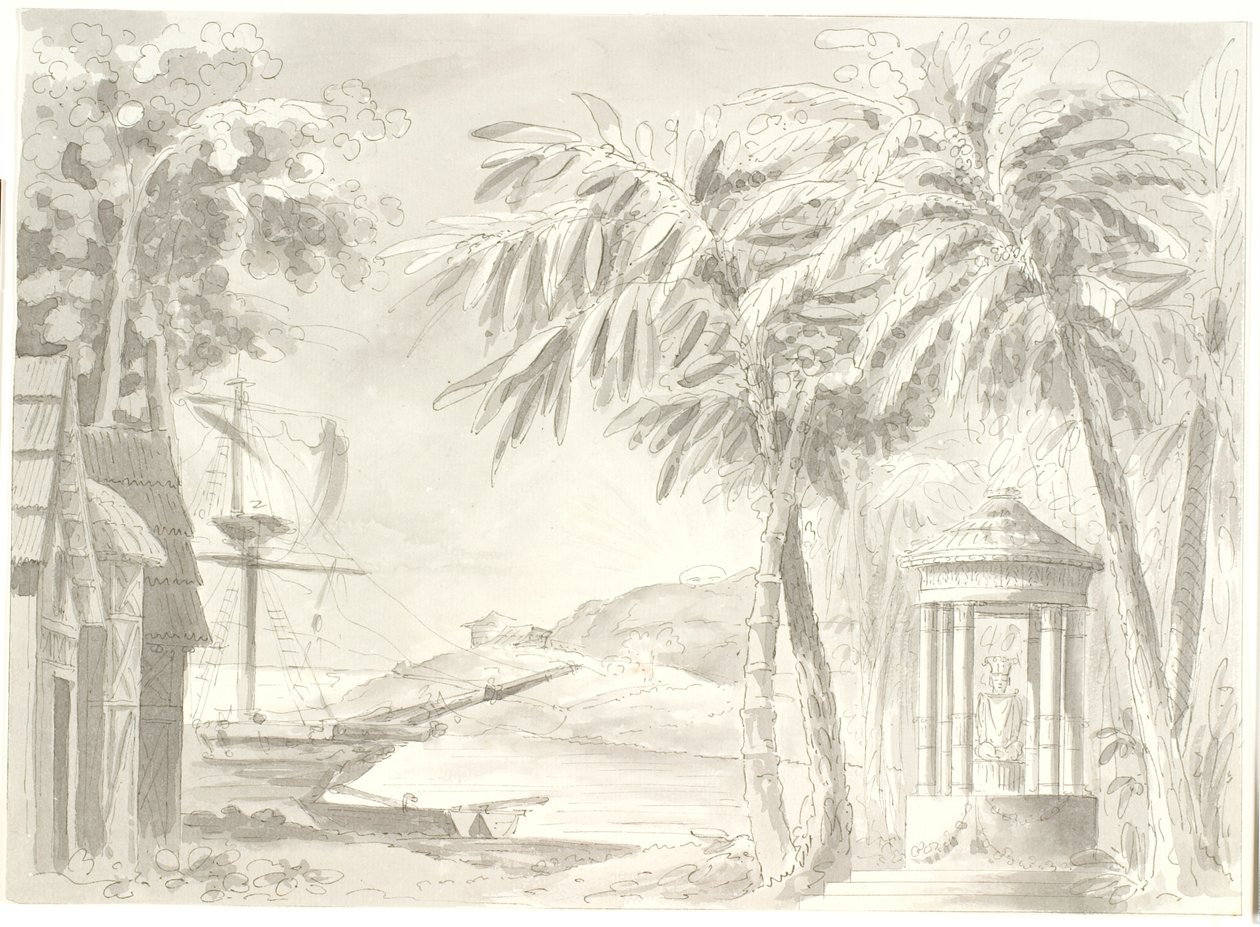 Tropiskt kustlandskap med palmer, skepp och litet tempel (Buddha?) av Aron Wallick