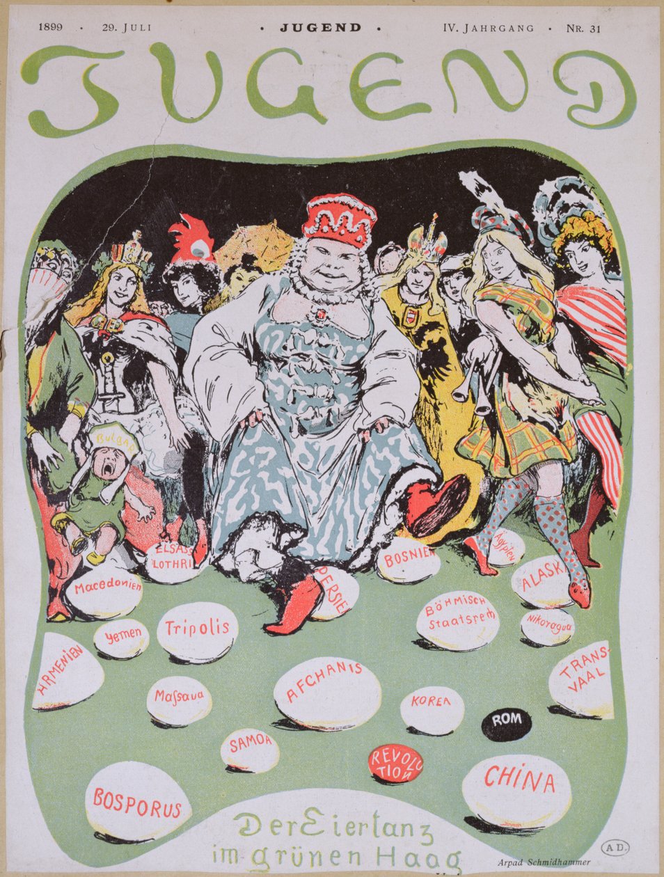 Egg Dance, tecknad film om den första fredskonferensen i Haag, från den tyska tidskriften Jugend, 29 juli 1899 av Arpad Schmidhammer