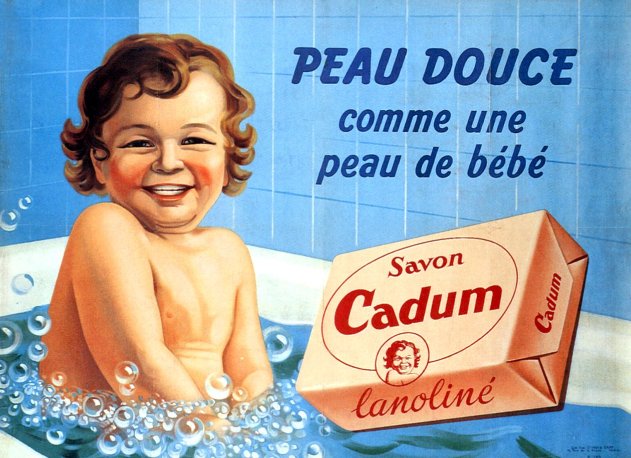 Baby i badet för Cadum tvål 1958 (illustration) av Arsene Le Feuvre