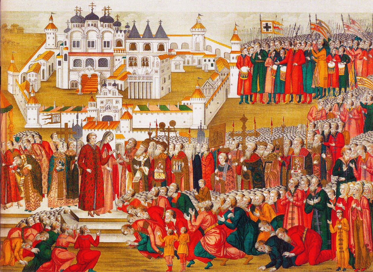 En folkmassa vid Hypatian Monastery bönfaller Mikhail Romanovs mamma att låta honom åka till Moskva och bec av Artamon Sergeevich Matveyev