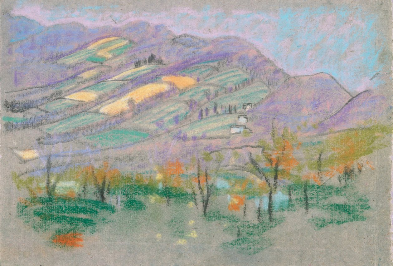 landskap med lila berg från A.B. Davies bok, upplaga -50, 50 av Arthur Bowen Davies