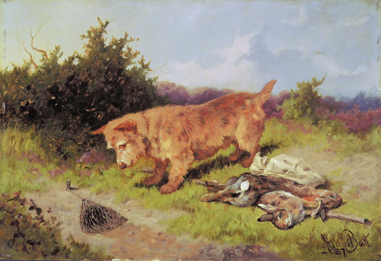 Terrier tittar på en kaninfälla, 1887 (olja på kvarnbräda) av Arthur Batt