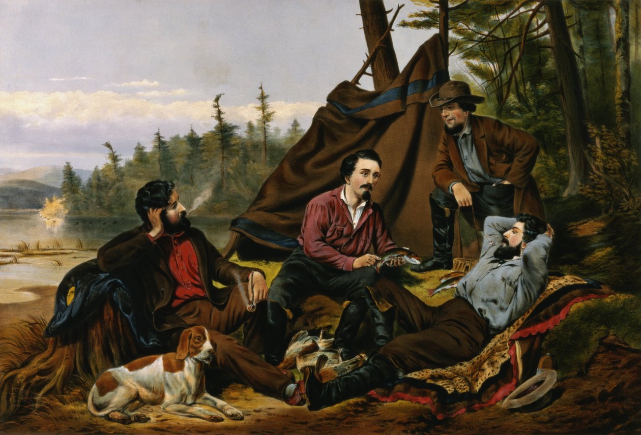 Camping in the Woods, "Laying Off", graverad av och utgiven av Currier and Ives, New York, 1863 av Arthur Fitzwilliam Tait