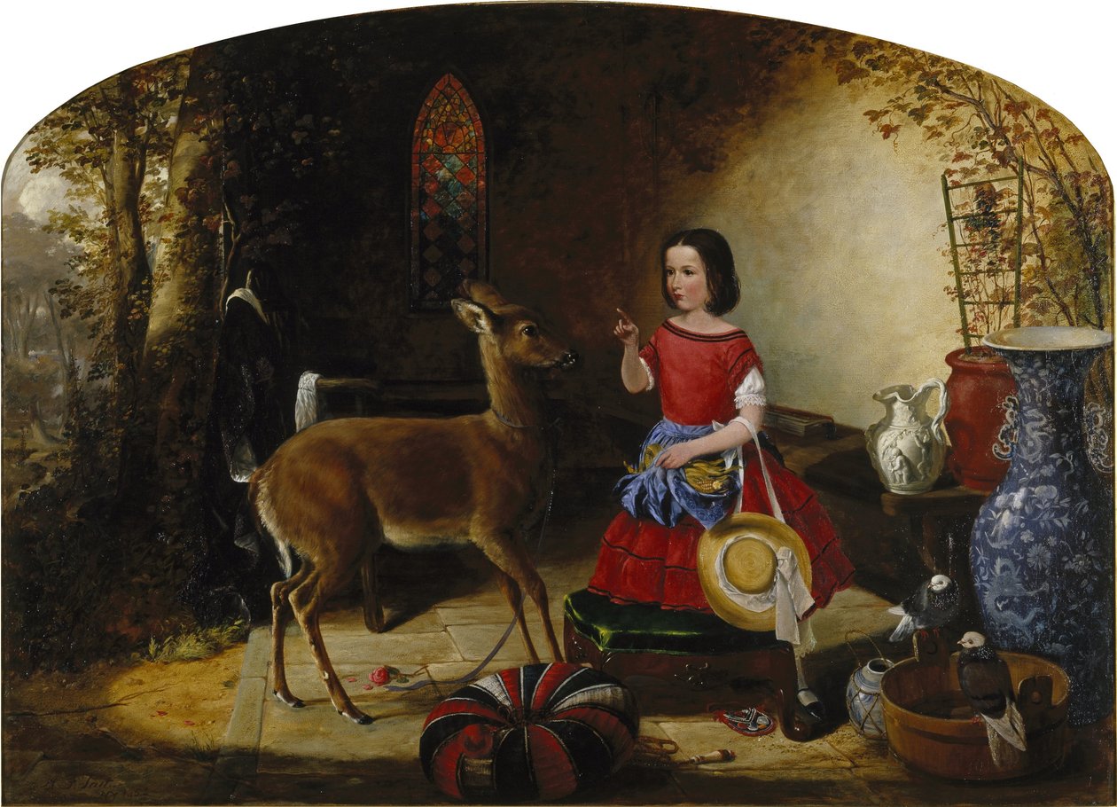 Reprimanden. Ah! Du stygga fawn, du har ätit blommorna igen. av Arthur Fitzwilliam Tait