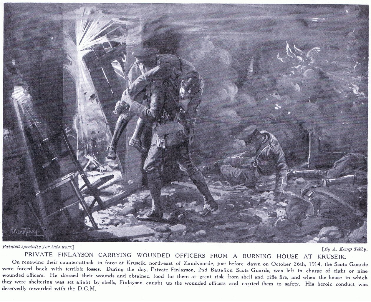 Menig Finlayson vann en DCM för att ha burit skadade officerare från ett brinnande hus i Kruseik i oktober 1914 (svartvitt foto) av Arthur Kemp Tebby
