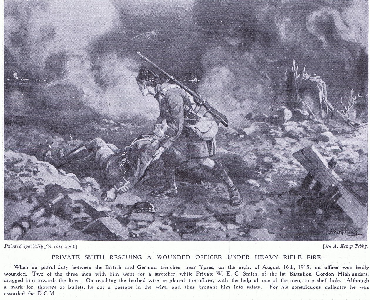 Menig Smith som räddade en skadad officer under kraftig eld tilldelades DCM Ypres augusti 1915 av Arthur Kemp Tebby