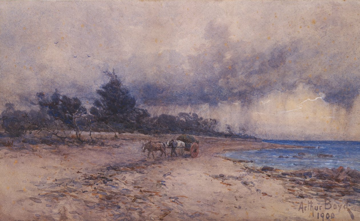 ej benämnd (samla tång före stormen, Sandringham -stranden) av Arthur Merric Boyd