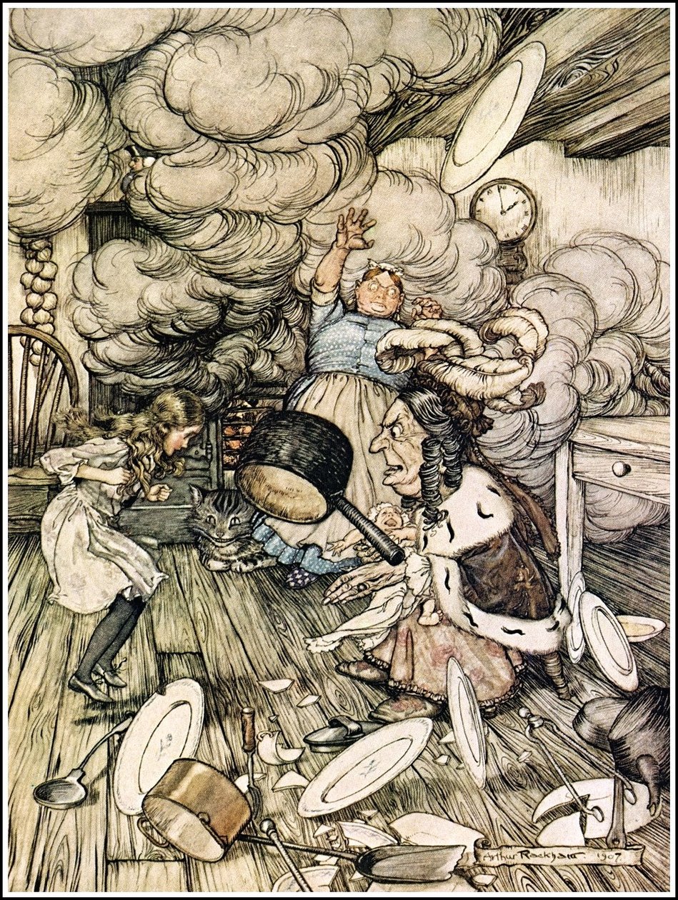  Alices Adventures in Wonderland - En ovanligt stor kastrull flög nära den och var nära att bära bort den. av Arthur Rackham